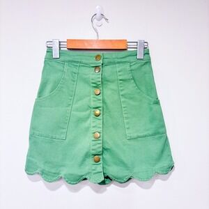 SMAK PARLOUR Green Button Front Scalloped Hem Denim Mini Skirt | X-Small